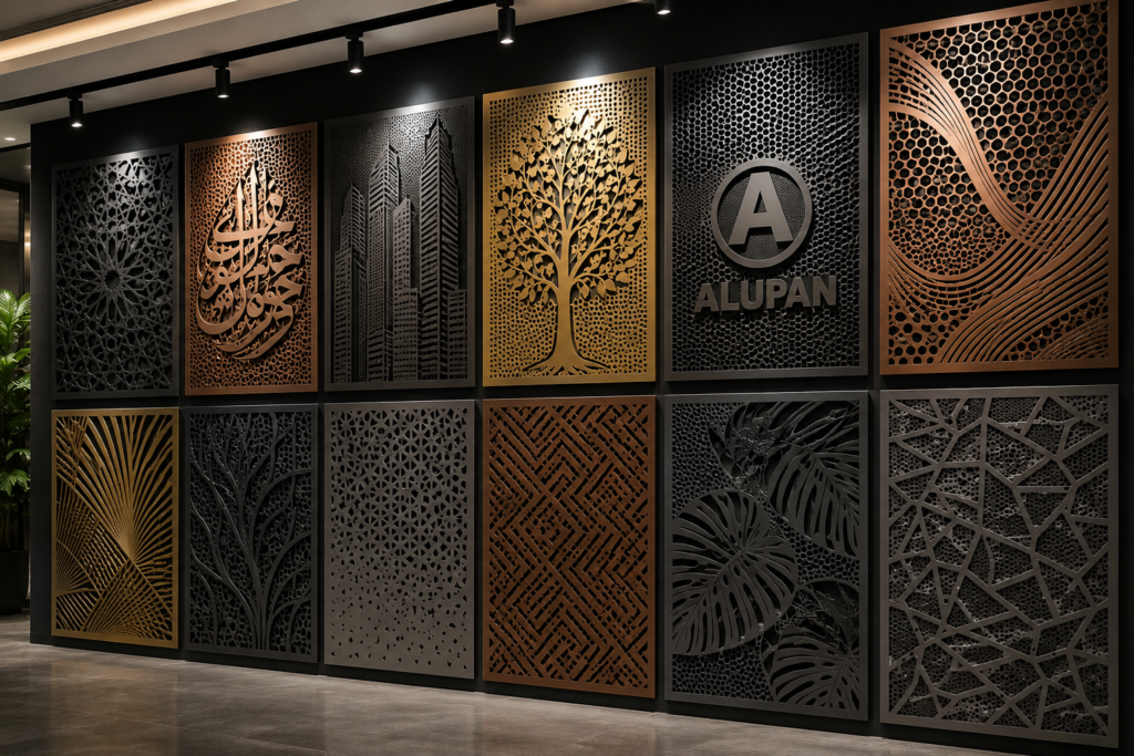 Contoh desain perforated metal custom berbentuk logo perusahaan dan kaligrafi