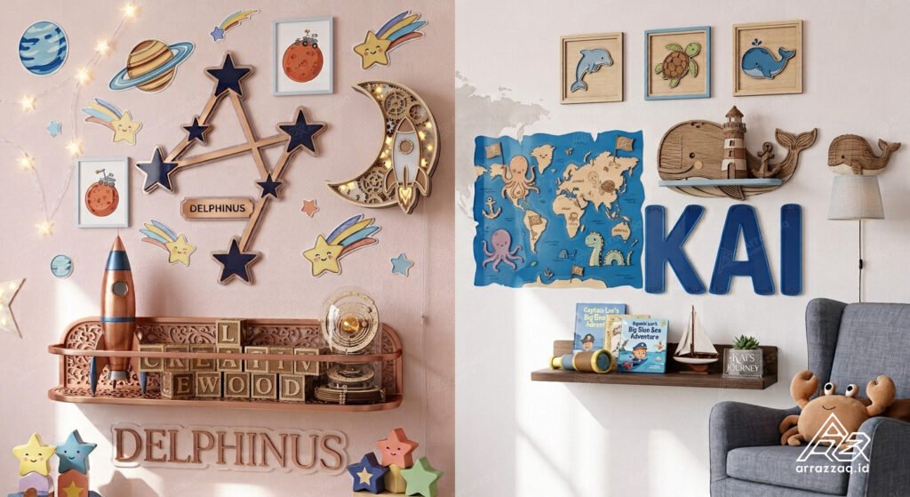 Contoh wall decor kamar anak custom dengan berbagai pilihan material seperti akrilik, plywood, dan MDF