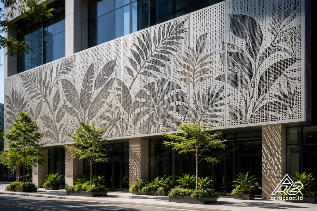 Gedung komersial modern menggunakan perforated metal custom sebagai secondary skin