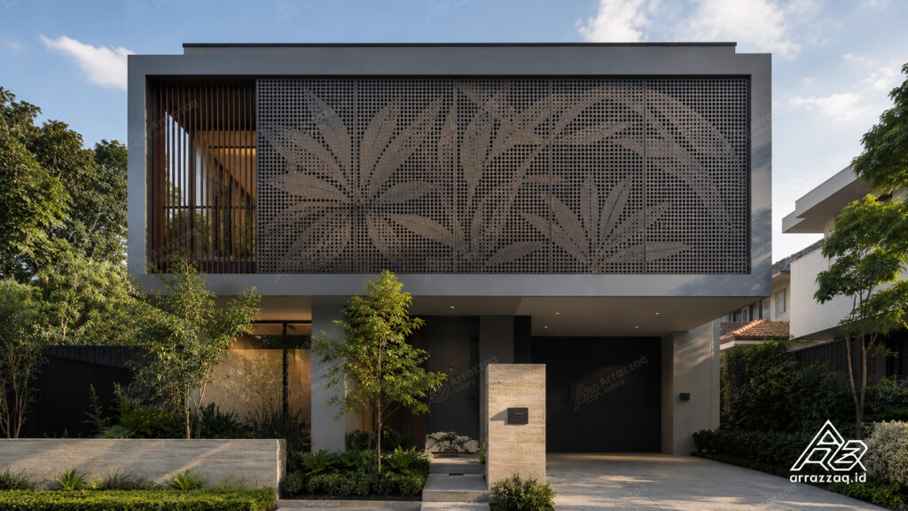 Fasad rumah modern menggunakan perforated metal custom bermotif artistik