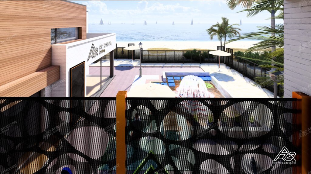 Balkon modern dengan railing perforated metal custom yang elegan