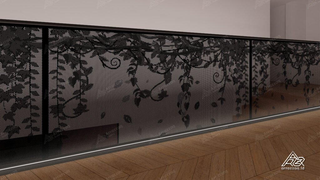 Pagar artistik rumah menggunakan panel perforated metal custom bermotif unik