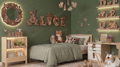 Wall decor kamar anak custom dengan nama anak berbahan plywood
